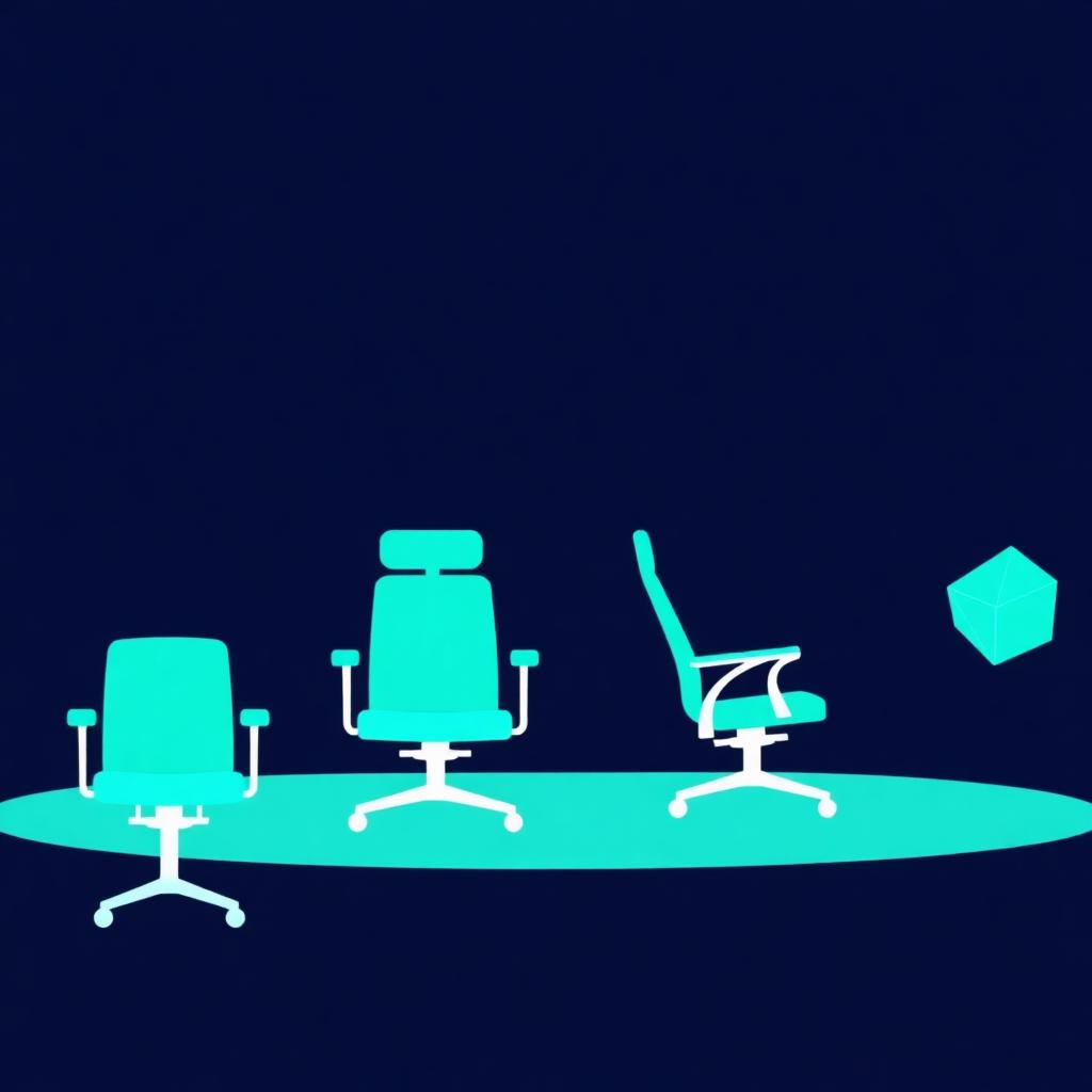 Row of empty teal office chairs on a deep navy background with a single glowing AI co-founder icon replacing them
